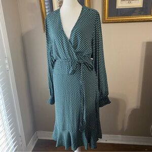 Loft Plus Sz 16 Green Polka Dot Wrap Midi Dress V-Neck Flutter Hem Long Sleeves